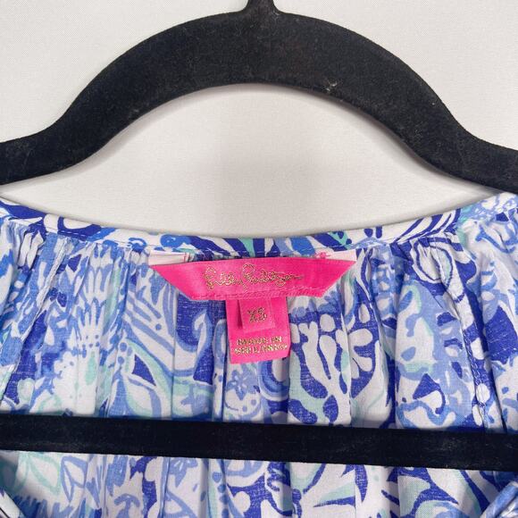 Lilly Pulitzer XSmall Blue Willa Top Royal Purple 60 Animals Tie V Neck Blouse - Picture 7 of 11